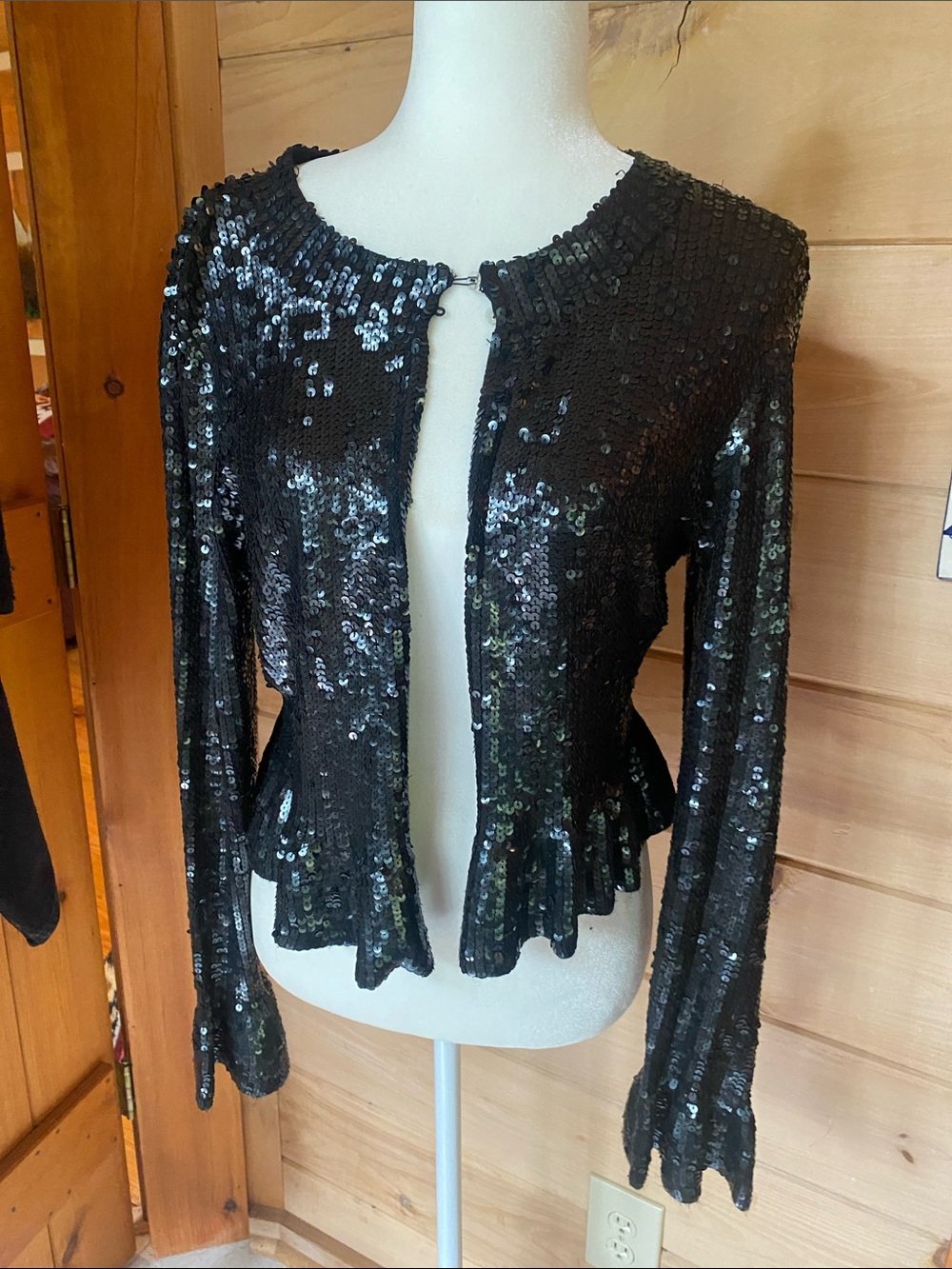 INC International Concepts Black Sequin Open-Front Peplum sweater ruffle sleeve
